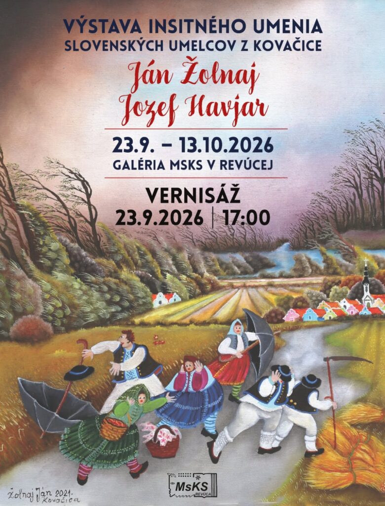 Plagát výstavy insitného umenia Jána Žolnaja a Jozefa Havjara z Kovačíc v Revúcej