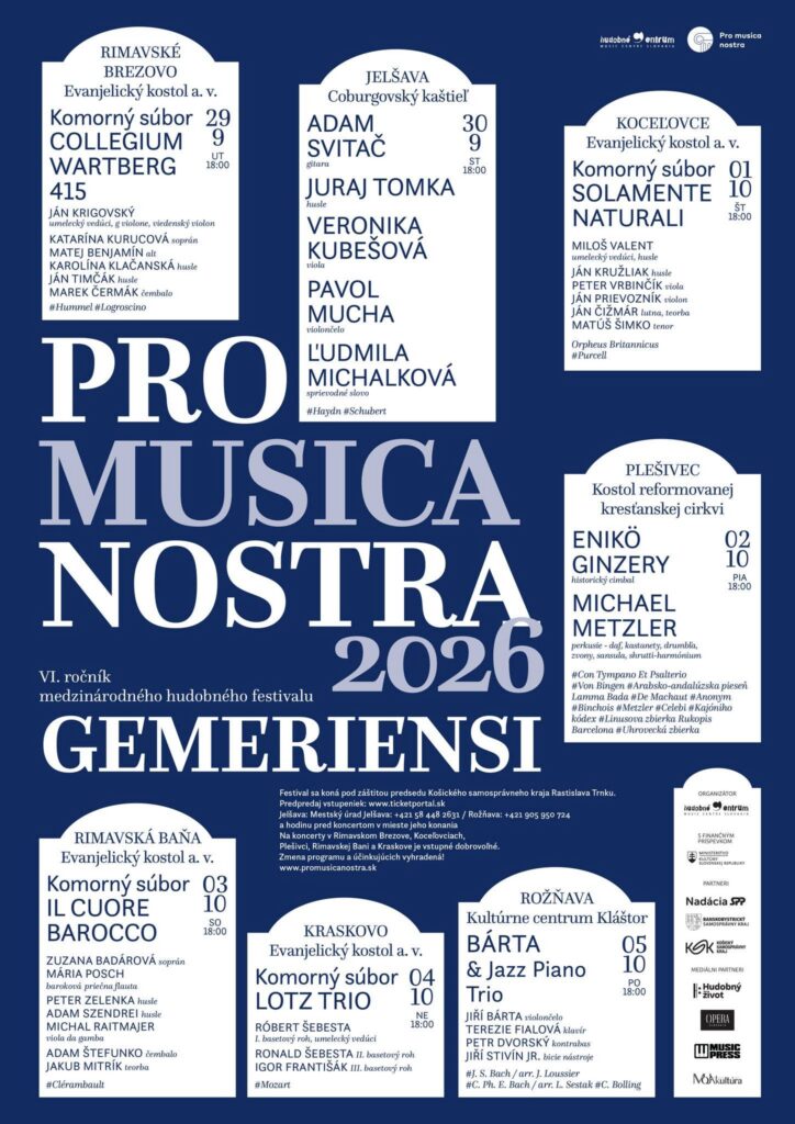 Plagát medzinárodného festivalu Pro Musica Nostra 2026 — komorná hudba v Jelšave septembra