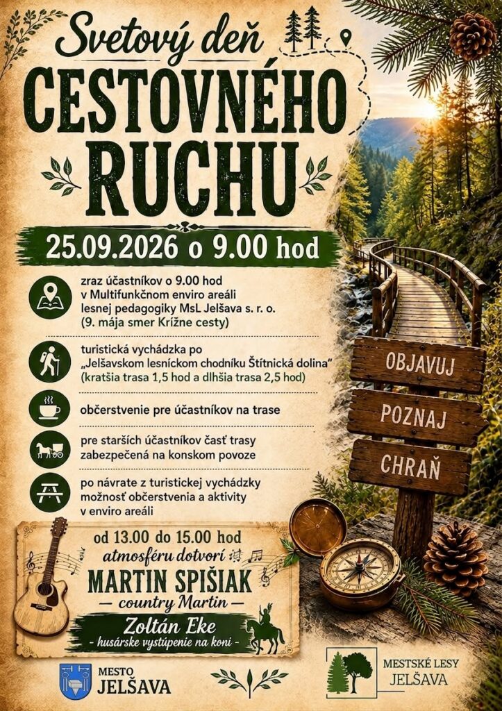 Plagát Svetového dňa cestovného ruchu v Jelšave — vychádzka Štítnickou dolinou s rodinami a prírodu