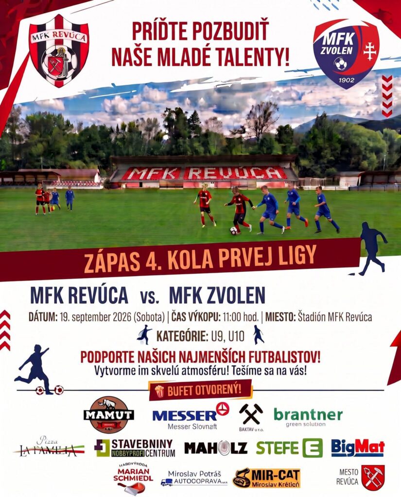 Plagát futbalového zápasu MFK Revúca vs. MFK Zvolen kategórií U9 a U10 s mladými futbalistami