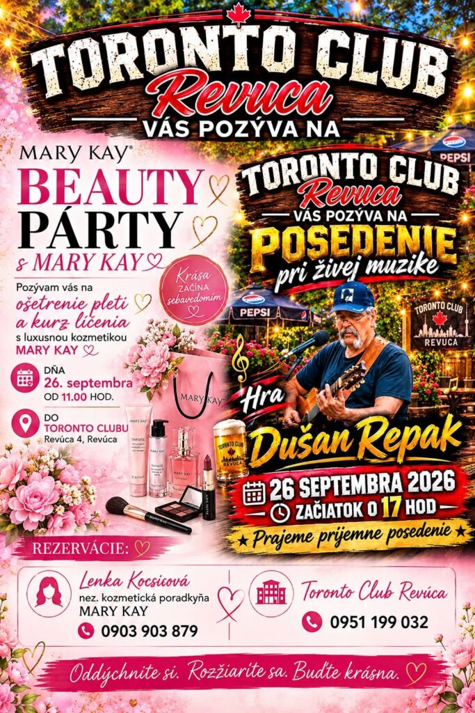 Plagát na Beauty Párty s Mary Kay a živou hudbou v Toronto Club Revúca