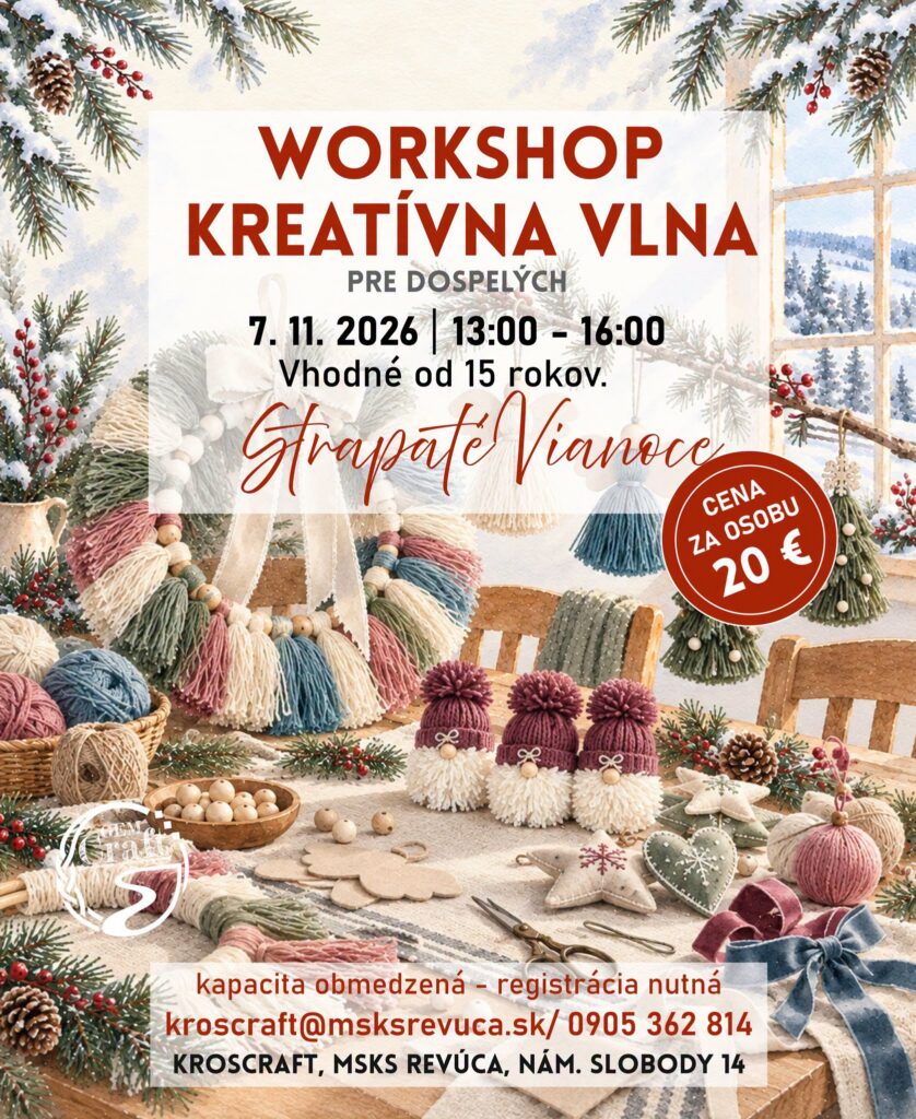 Plagát workshopu Kreatívna vlna — vianočné dekorácie v Revúcej, ručné práce a DIY