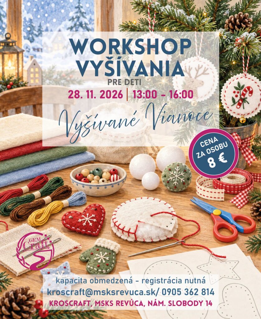 Workshop vyšívania pre deti s vianočnými motívmi v Revúcej — vytváranie tradičných textilných ozdôb