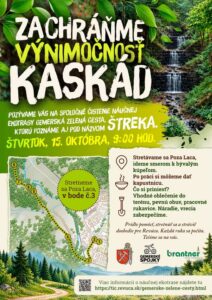 Plagát dobrovoľníckej akcie Zachráňme výnimočnosť kaskád — čistenie prírodnej ekotrasy v Revúcej