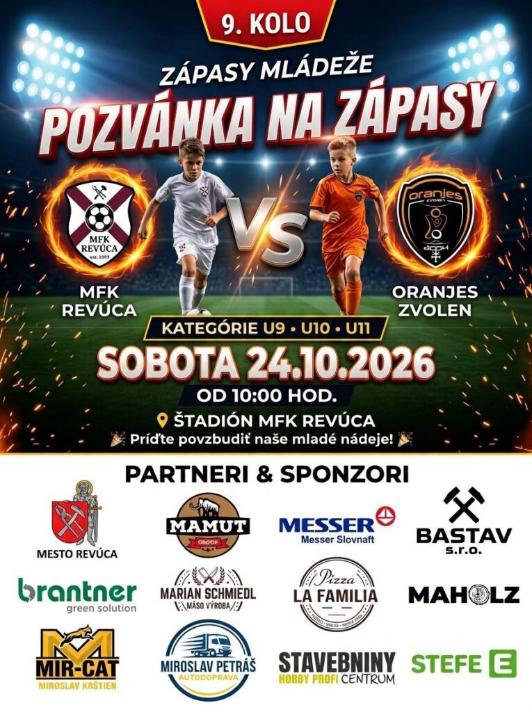 Plagát futbalových zápasov mládeže MFK Revúca vs Oranjes Zvolen, kategórie U9 U10 U11