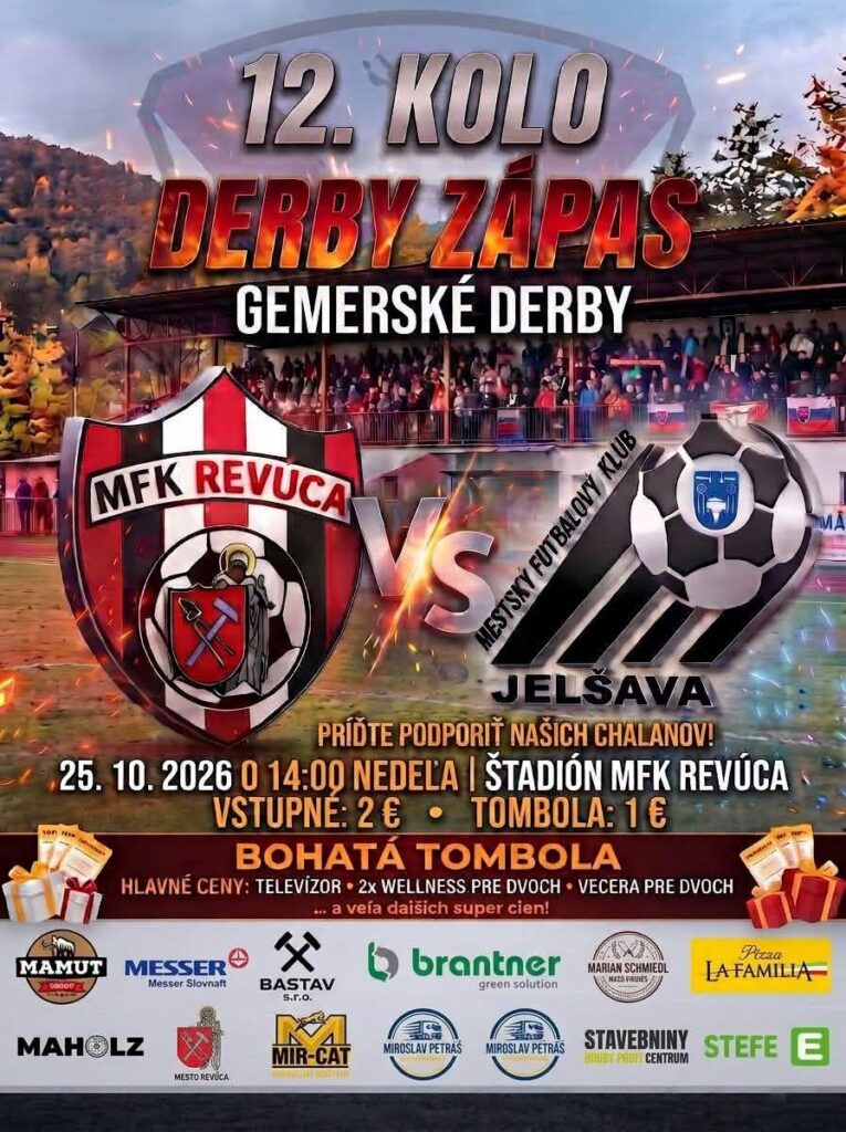 Plagát futbalového zápasu Gemerské derby MFK Revúca vs Jelšava s tombolu v Revúcej