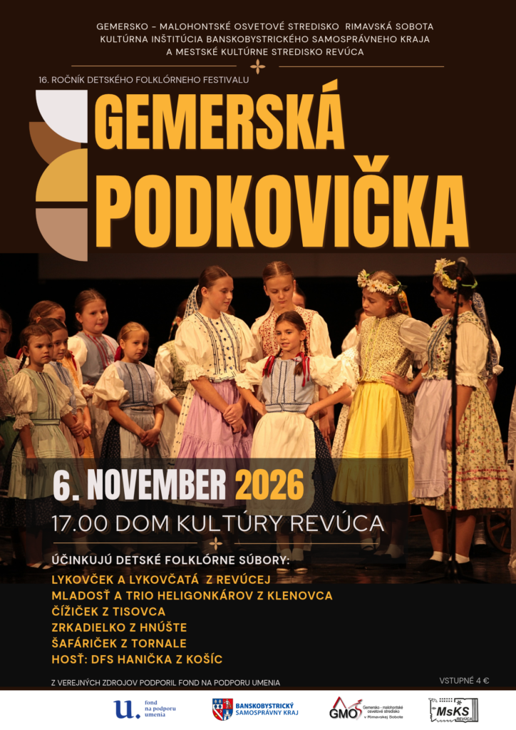 Plagát 16. ročníka detského folklórneho festivalu Gemerská Podkovička s tradičnými tancami v Revúcej