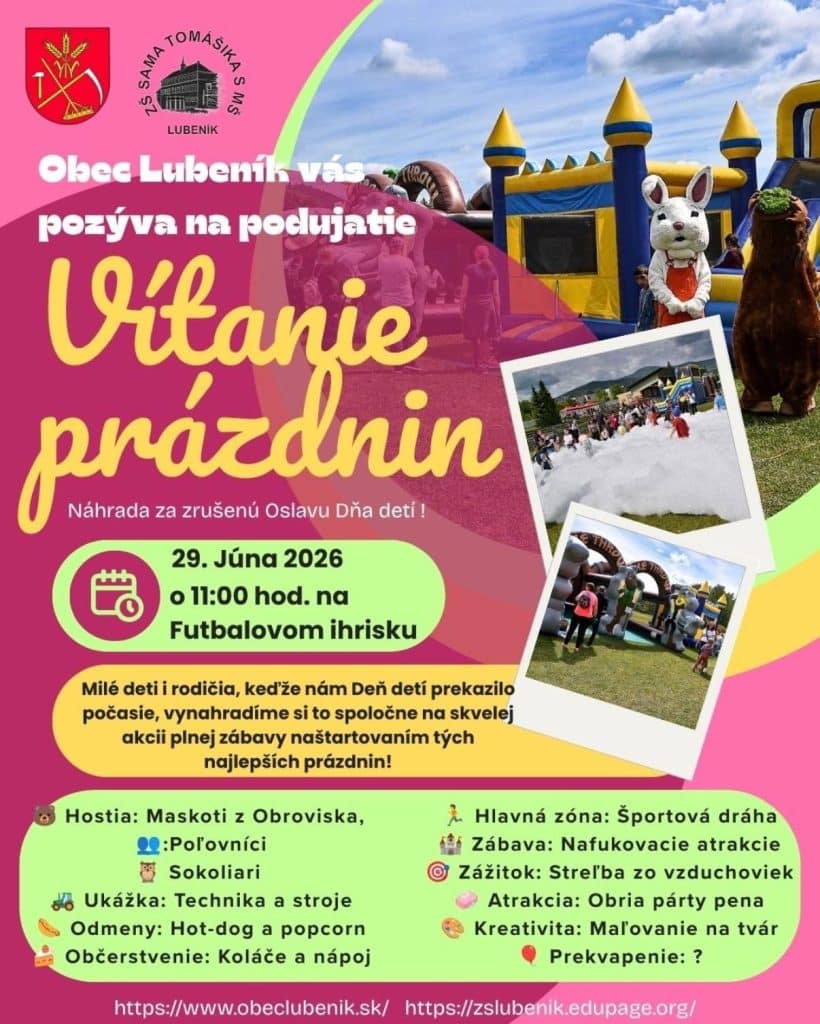 Plagát letného podujatia Vítanie prázdnin v Lubeníku — detské atrakcie, hry a zábava pre rodiny