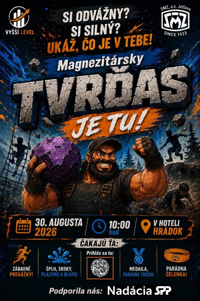 Plagát podujatia Magnezitársky TVRĎAS 2026 — adrenalínový prekážkový beh v Revúcej