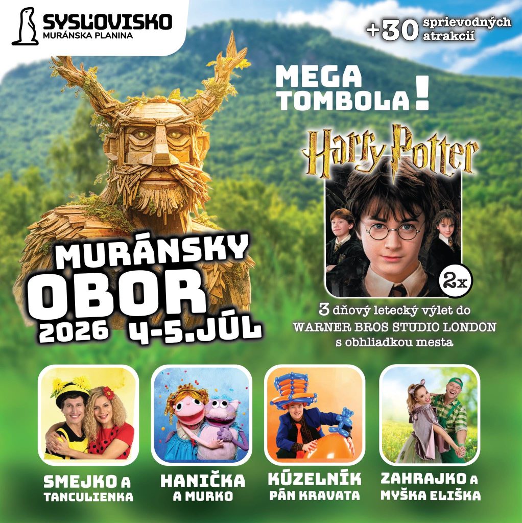 Plagát podujatia Muránský obor 2026 s mega tombolou a 30 atrakciami na Obrovisko v Revúcej
