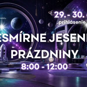 Plagát vesmírnych jesenných prázdnin v Litterre — kozmické dobrodružstvo pre deti s marťanskými maskami