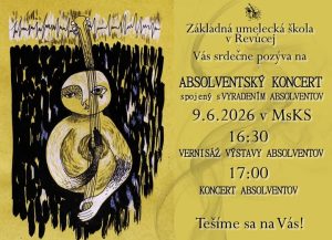 Plagát Koncertu absolventov ZUŠ v Revúcej — predstavenie talentovaných hudobníkov a spevákov