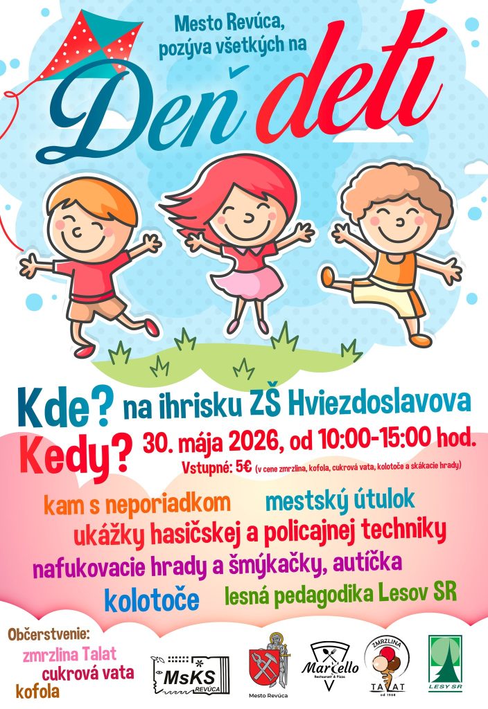Plagát podujatia Deň detí Revúca s programom zábavy a aktivít na ihrisku