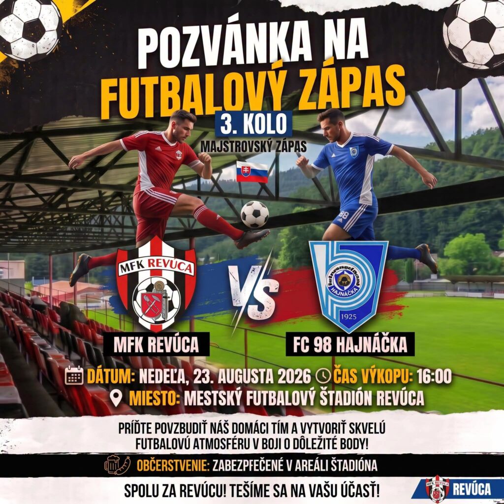 Plagát futbalového zápasu MFK Revúca proti FC 98 Hajnáčka — majstrovský zápas v Revúcej 23. augusta 2026