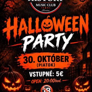 Plagát Halloween Party v History Music Club Revúca — tanečná párty s hudbou a halloweenskou atmosférou