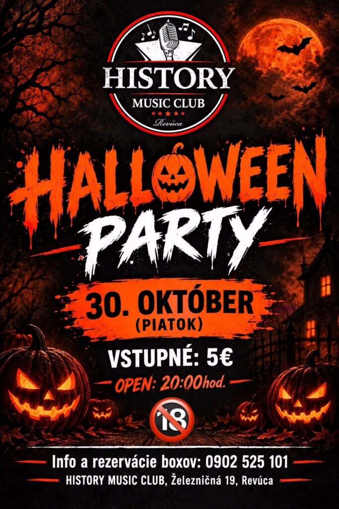Plagát Halloween Party v History Music Club Revúca — tanečná párty s hudbou a halloweenskou atmosférou