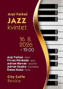Plagát koncertu Arpi Farkaš Jazz kvintet v Revúcej — jazz s československou tradíciou a medzinárodnou kvalitou