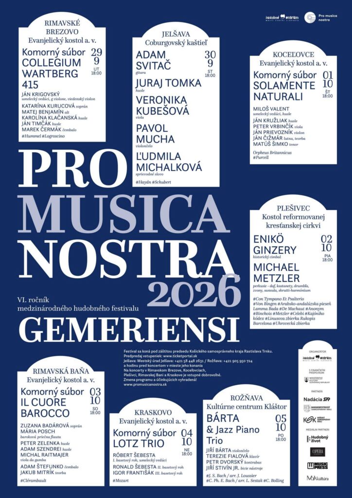 Plagát medzinárodného festiválu klasickej hudby PRO MUSICA NOSTRA 2026 v Jelšave s hudobníkmi