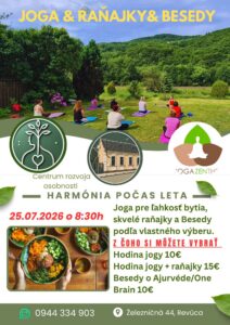 Plagát letného podujatia Joga a raňajky v Revúcej — joga, wellness a zdravý životný štýl