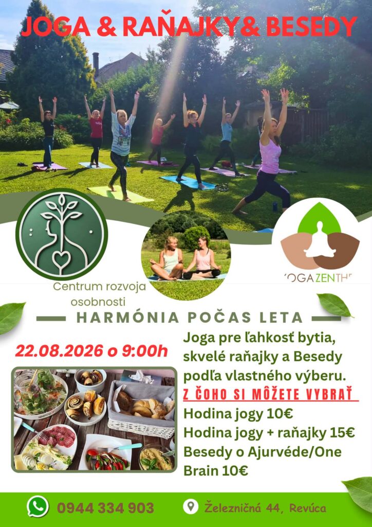 Plagát podujatia Joga & Raňajky & Besedy v Revúcej — wellness a zdravý životný štýl