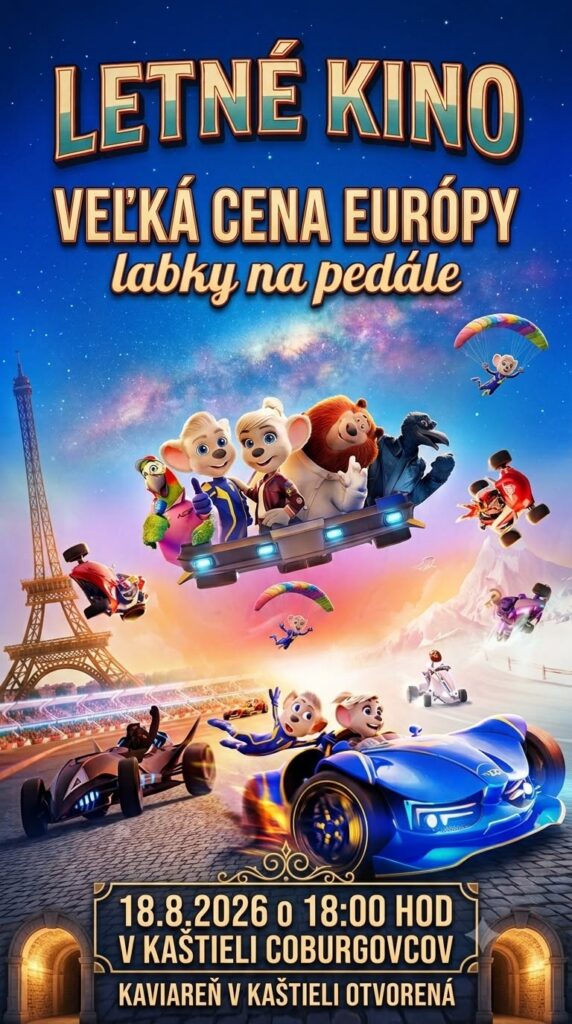 Plagát letného kina v Jelšave — animovaný film Veľká cena Európy s detskými pretekmi po Európe