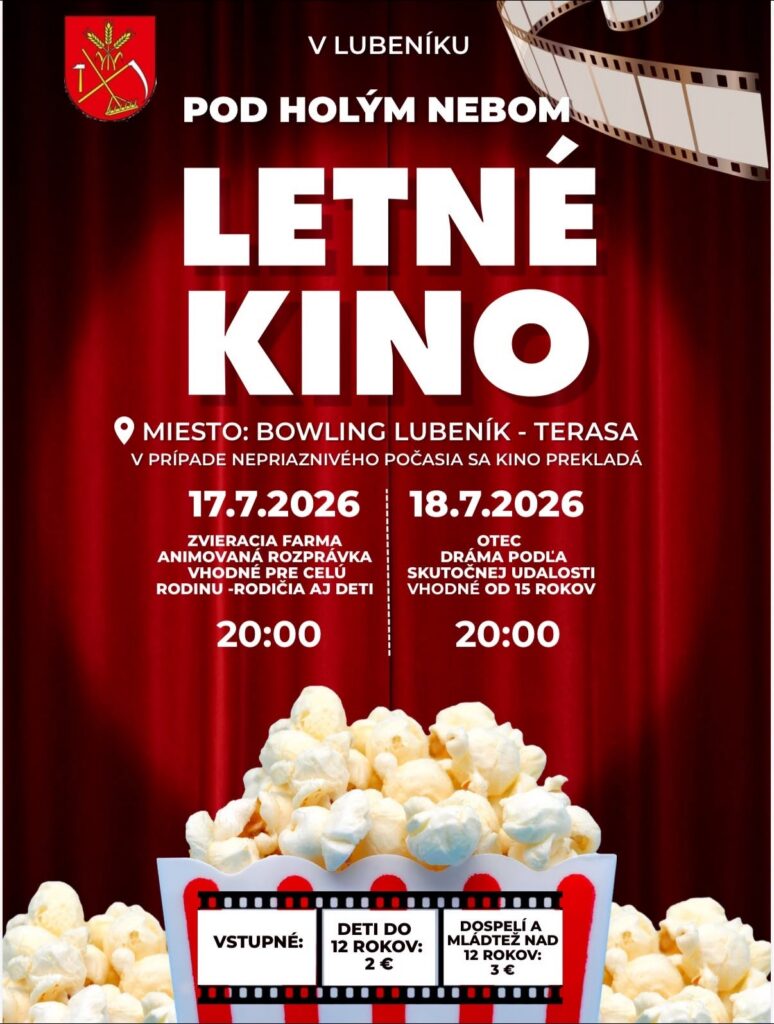 Plagát letného kina v Lubeníku — rodinný program s filmami pod hvezdami
