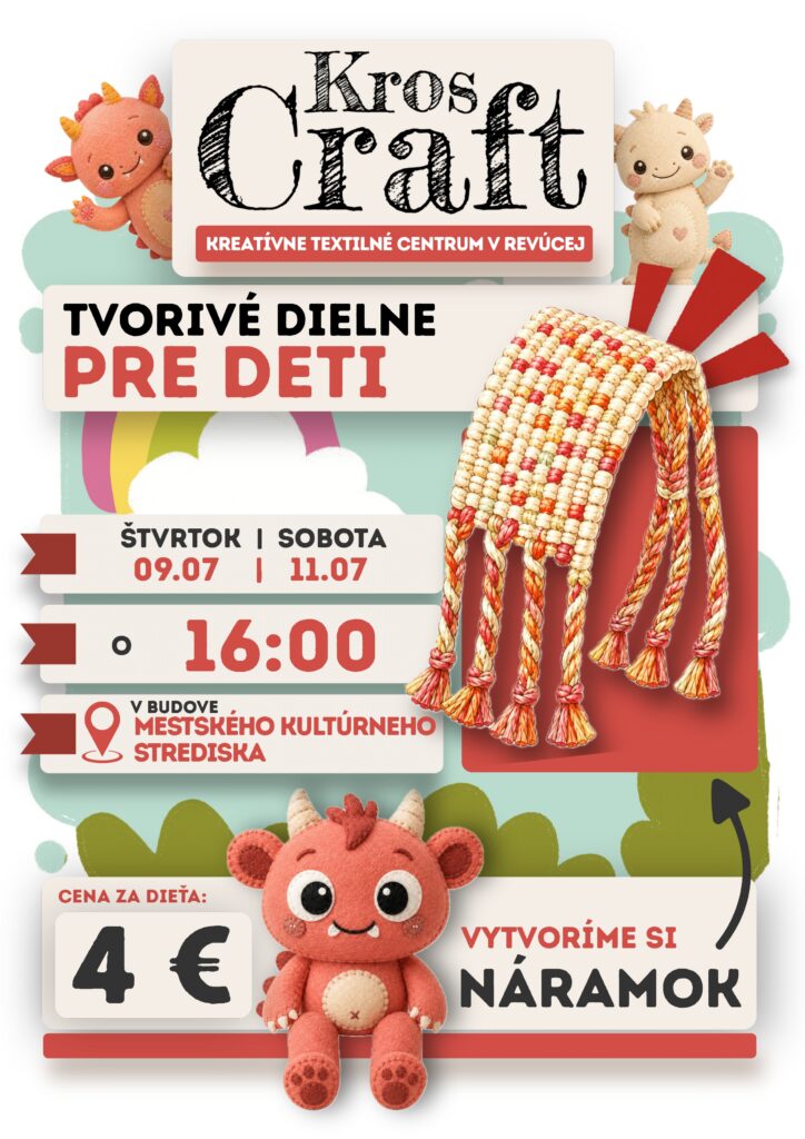 Plagát tvorivých dielní KrosCraft v Revúcej — deti vytvárajú textilné náramky