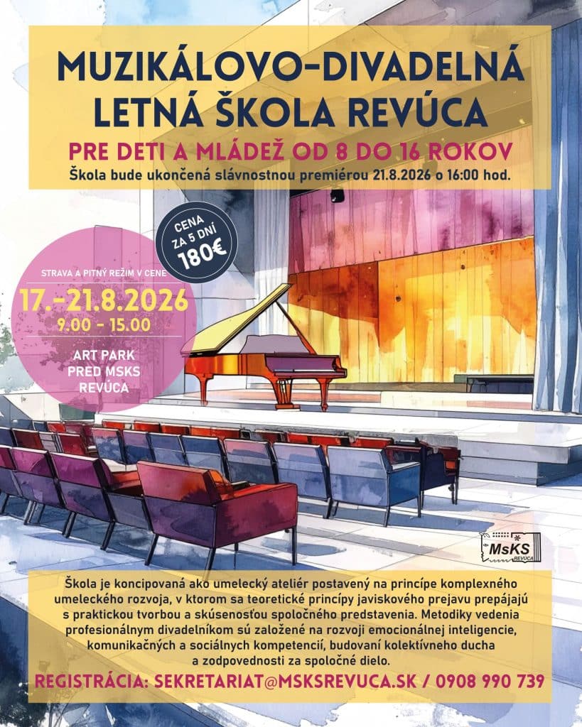 Plagát Muzikálovo - divadelnej letnej školy Revúca 2026 pre deti od 8 do 16 rokov