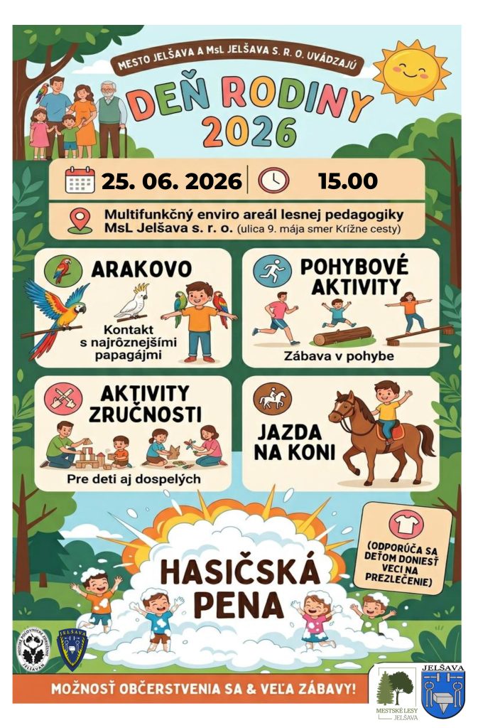Deň rodiny Jelšava 2026 — zábava s papagájmi, koňmi a hasičskou penou
