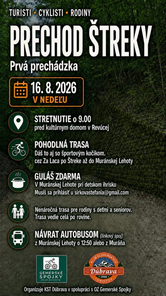 Plagát na prvú prechádzku Prechod Štreky — rodinný výlet z Revúcej do Muránskej Lehoty