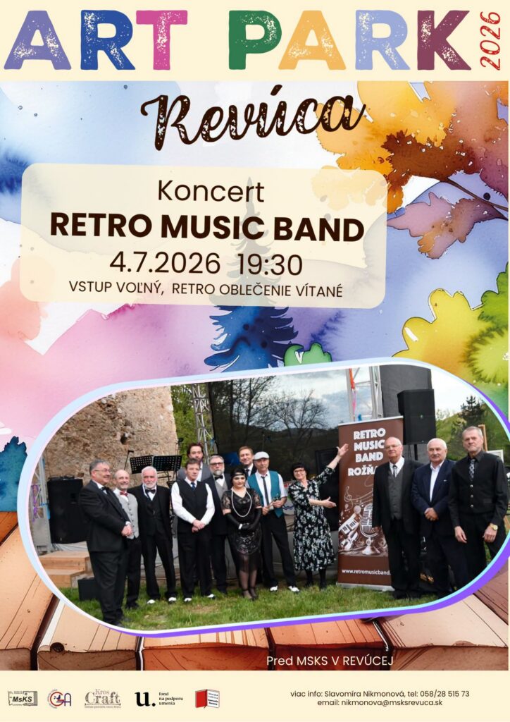 Plagát koncertu Retro Music Band v Revúcej — hudobný večer so známymi hitmi a retro štýlom