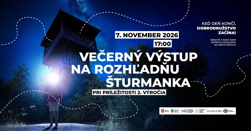 Plagát na večerný výstup na rozhľadňu Šturmanka v Revúcej s pohľadom na osvetlené mesto