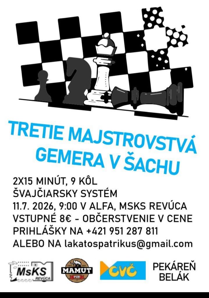 Plagát Tretích majstrovstiev Gemera v šachu v Revúcej — logická súťaž pre všetkých hráčov