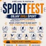 Plagát Športfestu v Revúcej — voľný festival s možnosťou skúšať volejbal, basketbal, karate a ďalšie športy