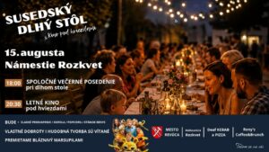 Plagát podujatia Susedský dlhý stôl a Kino pod hviezdami na Námestí v Revúcej.