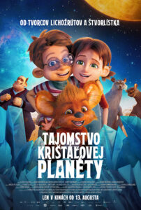 Plagát filmu Tajomstvo Krištáľovej planéty — dievča Rea a dinosaurie mláďa Burgy na dobrodružnej misii
