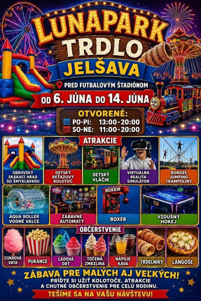 Plagát lunaparku trdlo v Jelšave s atrakciami a zábavou pre celú rodinu
