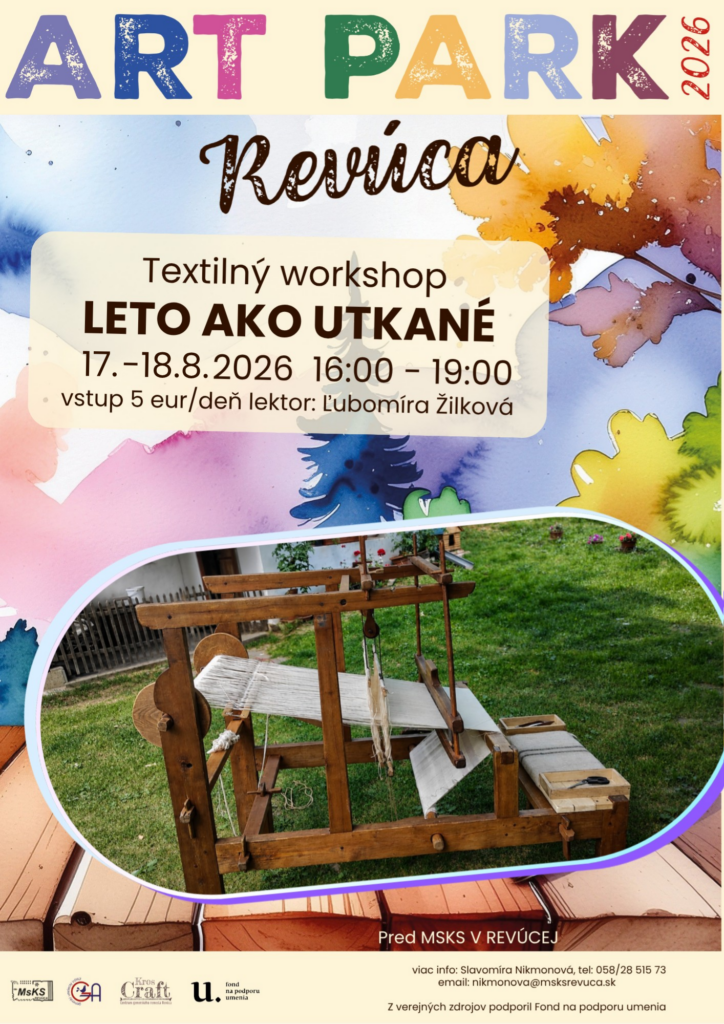 Plagát textilného workshopu Leto ako utkané v Revúcej s ukážkami ručných prác.
