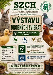 Plagát výstavy drobných zvierat v Revúcej — králiky, holuby a hydina, 19.–20. júna
