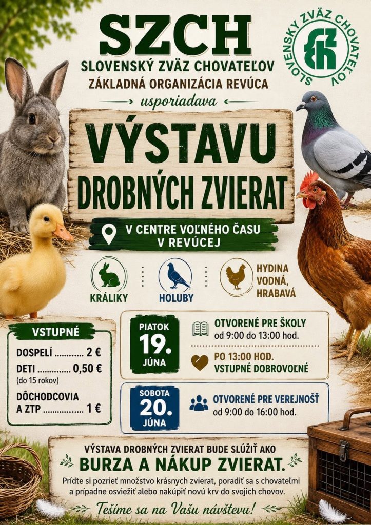 Plagát výstavy drobných zvierat v Revúcej — králiky, holuby a hydina, 19.–20. júna