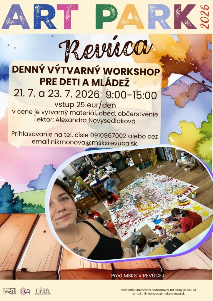 Plagát denného výtvarného workshopu ART PARK Revúca — kreatívna tvorba pre deti